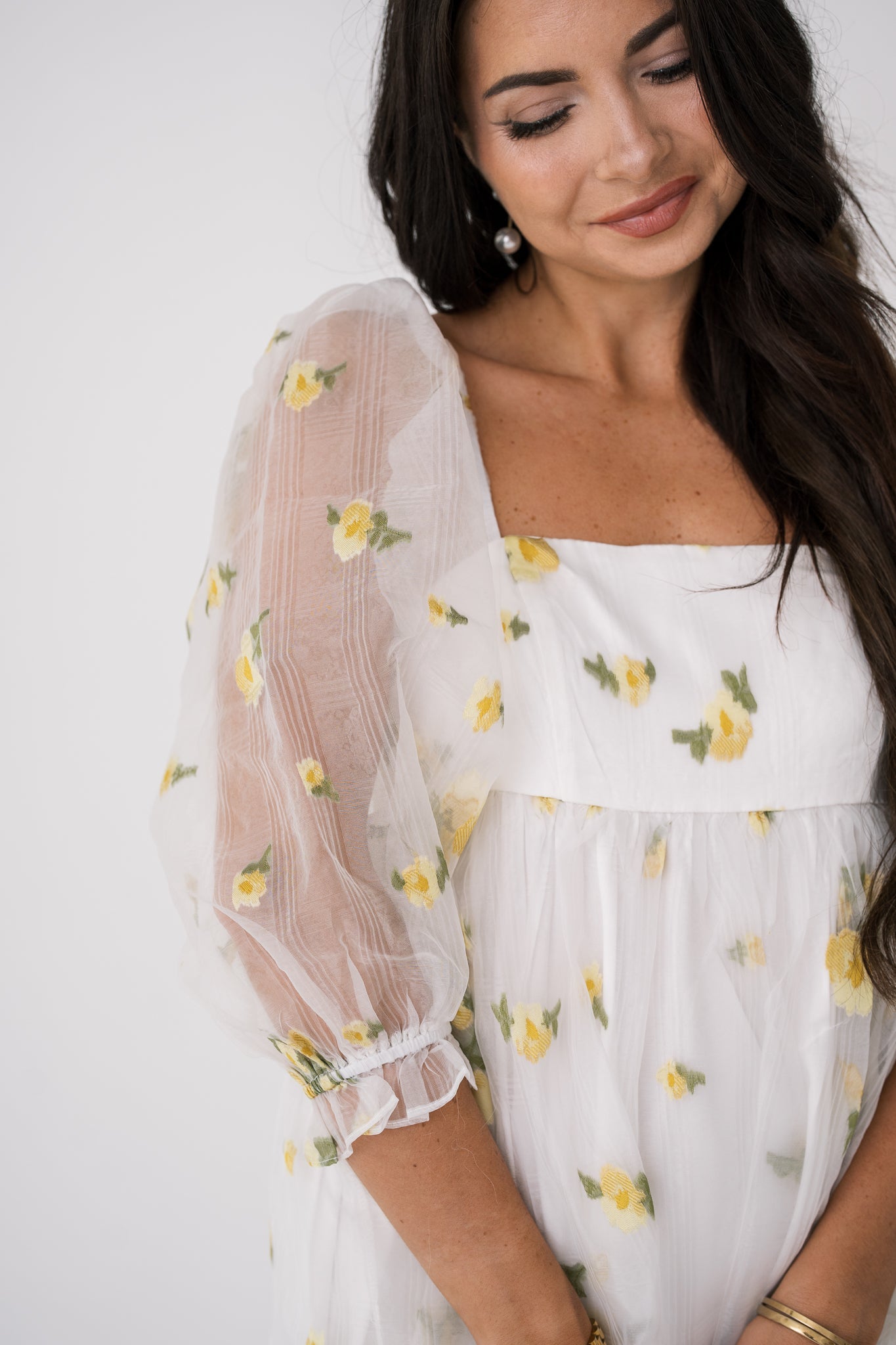 Yellow Daisy Embroidered Midi Baby Doll Dress