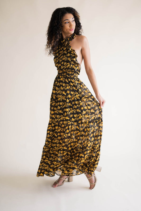 Black and Gold Halter Maxi Dress